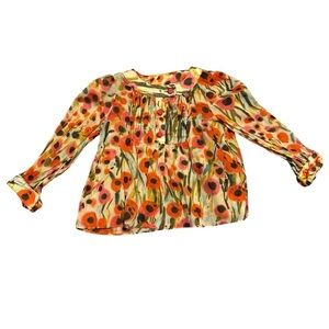 Milly Minis Top Orange & Green Floral Sheer Dainty Blouse w/ Long Sleeves Size 2